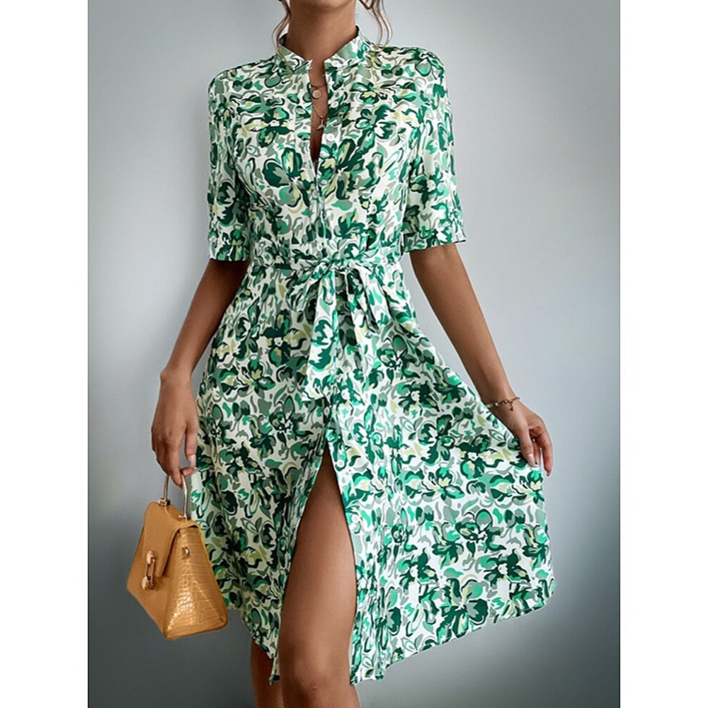 Green Floral Tie-Waist Midi Dress